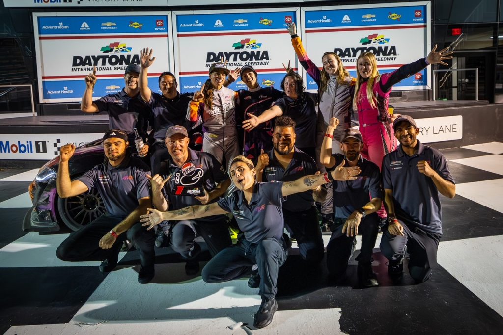 AE Victory Racing crew celebrating in Daytona victory lane